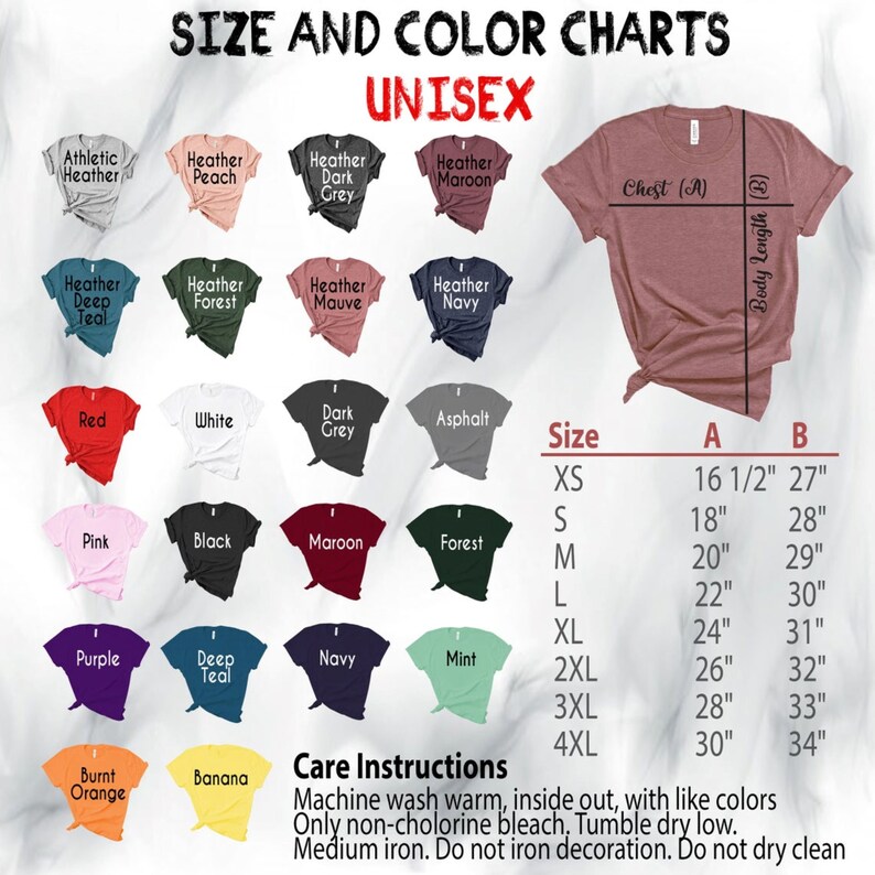 Puede incluir: Tabla de tallas y colores unisex para camisetas. La tabla muestra 16 colores diferentes y la tabla de tallas correspondiente con medidas en pulgadas para el pecho y la longitud del cuerpo. La tabla incluye las tallas XS, S, M, L, XL, 2XL, 3XL y 4XL. Tambi&eacute;n se incluyen instrucciones de cuidado.