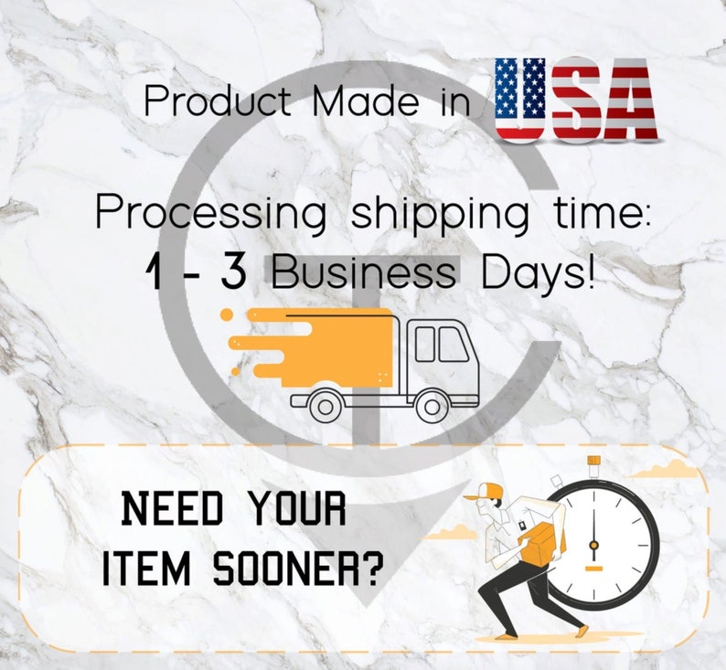 May include: A graphic with a truck and a clock, indicating a 1-3 business day processing and shipping time for products made in the USA. The text "NEED YOUR ITEM SOONER?" is also included.