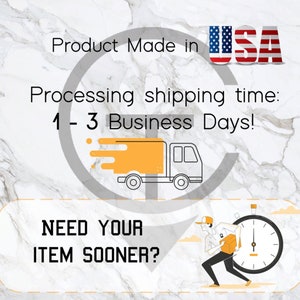 Puede incluir: Un gr&aacute;fico con un cami&oacute;n y un reloj, que indica un tiempo de procesamiento y env&iacute;o de 1 a 3 d&iacute;as h&aacute;biles para productos hechos en los EE. UU. Tambi&eacute;n se incluye el texto "NEED YOUR ITEM SOONER?"