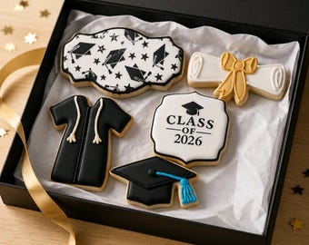 Aangepaste afstuderen suikerkoekjes set | Klasse met feestbedankjes voor 2026 | Vanille-ijskoekjes