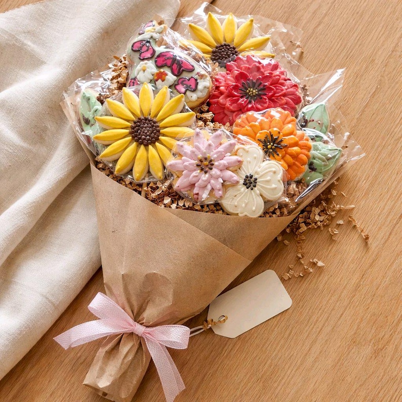 Bright Flower Sugar Cookie Bouquet – 11 Hand-Decorated Iced Cookies, Edible Floral Arrangement image 3