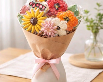 Heller Blumen-Zuckerkeks-Bouquet - 11 handdekorierte Eiskekse, essbares Blumenarrangement