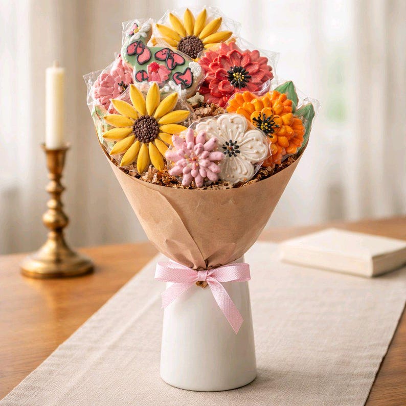 May include: A floral cookie bouquet in a white vase, wrapped in brown paper and tied with a pink ribbon. The cookies are decorated with colourful icing, resembling sunflowers, daisies, and other flowers. A candle and book are in the background.