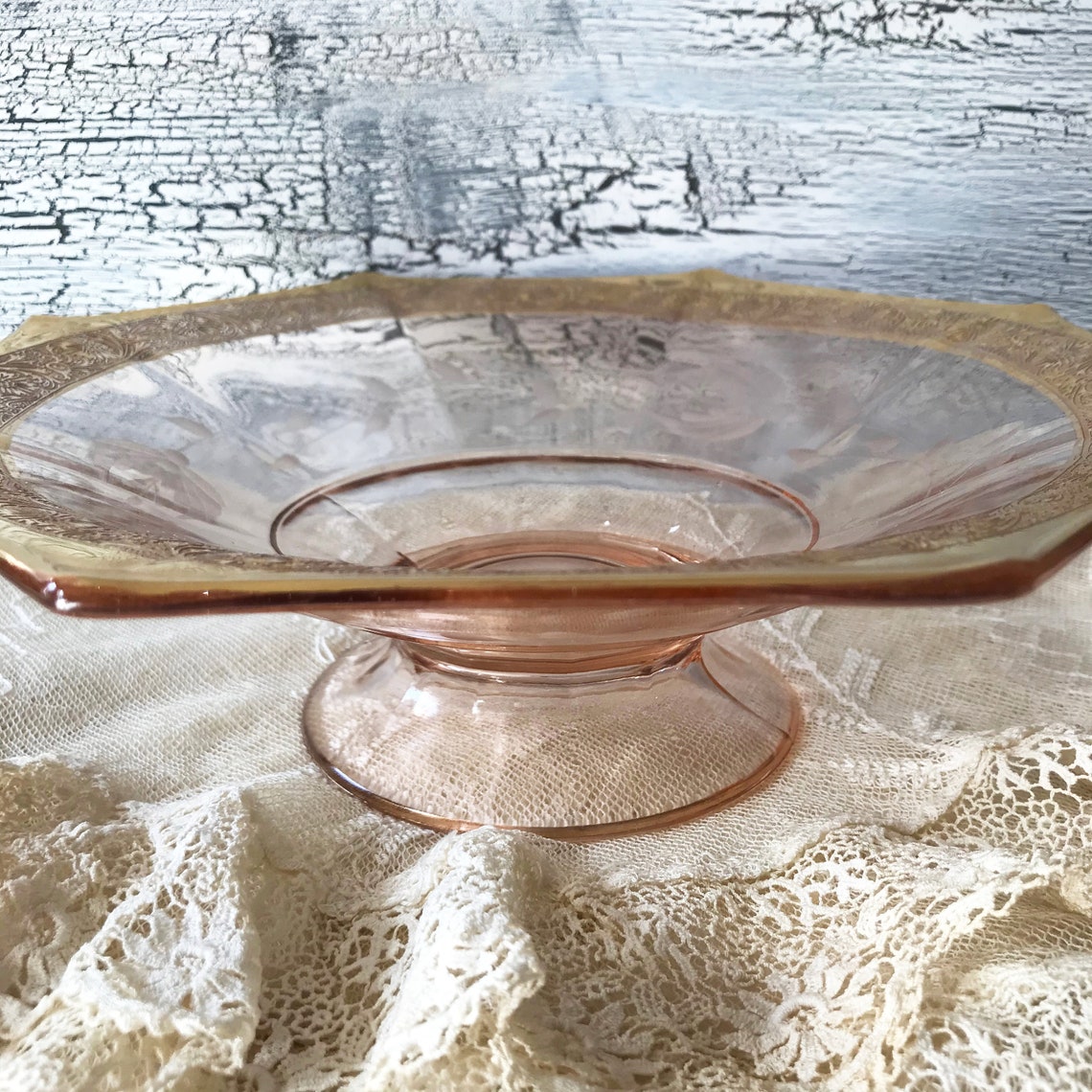 Pink Depression Glass Etched Octagonal Bowl Footed Compote Etsy
