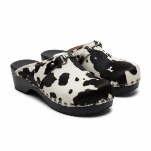 Studded Cowhide Clogs: Swedish Style Black & White Leather Shoes