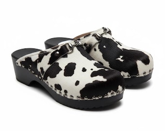 Studded Cowhide Clogs: Swedish Style Black & White Leather Shoes