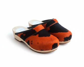 Cow Print Leather Wooden Fashion Clogs Shoes | Cowhide Pattern Cozy Footwear & Scandi Vibe