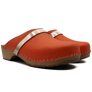 Handmade Natural Leather Swedish Clogs, Classic Clogs, Clogs For Women, Clogs Shoes Orange Leather Clogs Christmas giftmother Day Gift