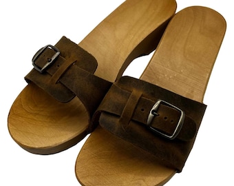 Handmade Vintage Wooden Clogs: Crazy Horse Leather Sandals with Studs
