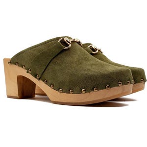 Green clogs with heel