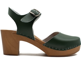 Handmade Leather Clogs: Hunter Green Wooden Sole Sandals