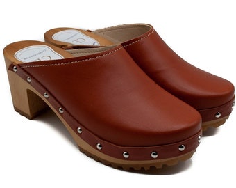 Handmade Vegan Leather Clogs: Brown Swedish Mules, Low Heel