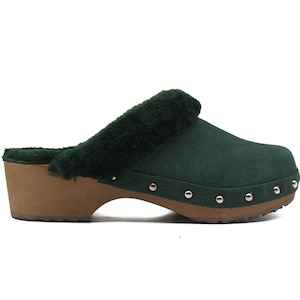 Winter Green Suede Sheepskin Clogs and Mules for Men and Women - Christmas Gift