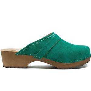 Handmade Green Leather Clogs: Swedish Classic Style
