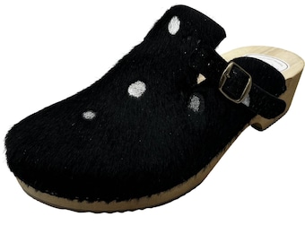 Vintage Black Cow Leather Clogs – Handmade Summer Wooden Sole Sandals for Men and Women