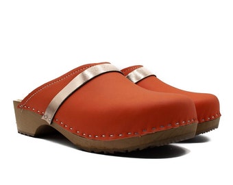 Handgemachte Schwedische Clogs aus Naturleder, Clogs Für Frauen, Clogs Schuhe Orange Leder Clogs Weihnachten Geschenkidee