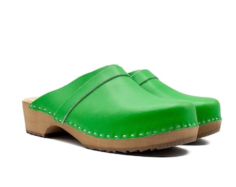 Handmade Natural Leather Swedish Clogs, Classic Clogs, Clogs For Women, Clogs Shoes, Green Leather Clogs, Spring Clogs, mother Day Gift