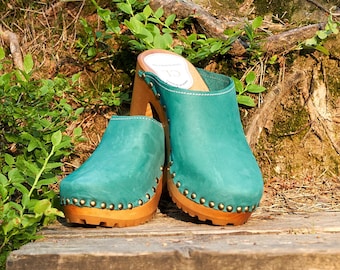 Swedish Clogs, Natural Leather, Woden Clogs, Handmade Leather Clogs Green Christmas giftmother Day Gift Garden clogs