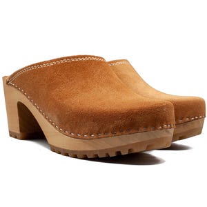Brown suede high heel clogs for women