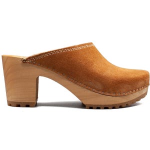 Schwedische Holzschuhe, Naturleder, Holzschuhe, Handgemachte Lederclogs Blau, Rotwein, Musstardfarbe