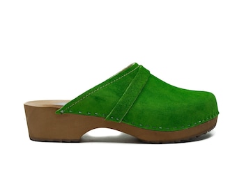 Handmade Natural Leather Swedish Clogs, Classic Clogs, Clogs For Women, Clogs Shoes Green Leather ClogsChristmas giftmother Day Gift