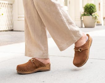 Suede Leather Clogs, Comfortable Platform Mules with Brass Detail