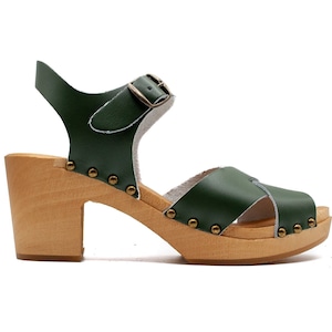 High Heel Sandals - Green Hunter, Wooden Clogs, Oiled Nubuck, Swedish Clogs, Handmade, Women Clogs, Womend Sandals, High Heel Clogs