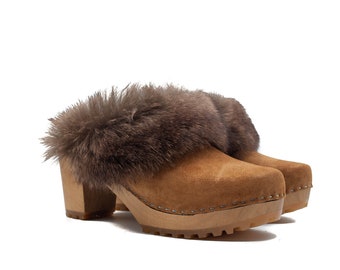 Handmade Suede Leather Clogs: High Heel Mules with Winter Collar
