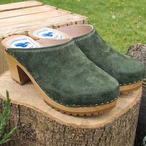 Handmade Olive Leather Clogs: Swedish Wooden Heel Clogs