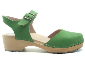 Green Leather Clog Sandal: Handmade Swedish Wooden Shoes