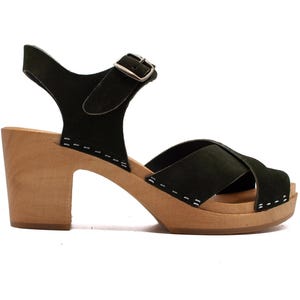High Heel Sandals - Dark Olive, Wooden Clogs, Oiled Nubuck, Swedish Clogs, Handmade, Women Clogs, Womend Sandals, High Heel Clogs