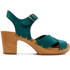 High Heel Sandals - Turquoise, Wooden Clogs, Oiled Nubuck, Swedish Clogs, Handmade, Women Clogs, Womend Sandals, High Heel Clogs