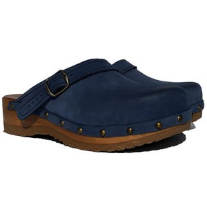 Blue Vintage Leather Clogs for Women, Blue Women Wooden Mules, Vintage Shoes, Leather Clogs, Handmade Clogs, Jeans Wooden Clogs