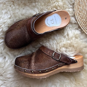 Vintage Cow Fur Clogs for Women | Leather Mules with Wooden Sole, Rustic Style Footwear