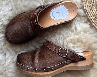 Vintage Cow Fur Clogs for Women | Leather Mules with Wooden Sole, Rustic Style Footwear