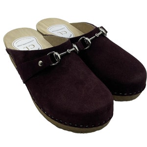 Swedish Wooden Clogs for Women - Stylish Burgundy Suede Leather Clogs with Heel