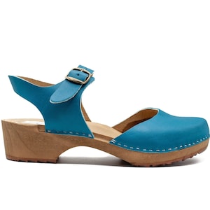 Turquoise Leather Sandal Clogs: Handmade Swedish Wooden Shoes