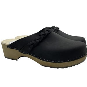 Swedish Wooden Clogs for Women: Black Nubuck Leather Heel Clogs