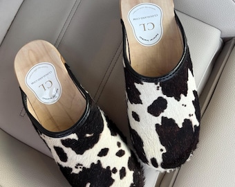 Cow Leather Clogs Shoes with cowhide in black and white, womens wooden mules
