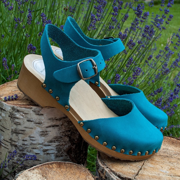 Low Heel Sandals - Turquoise, Wooden Clogs, Oiled Nubuck, Swedish Clogs, Handmade, Women Clogs, Womend Sandals, Low Heel Clogs