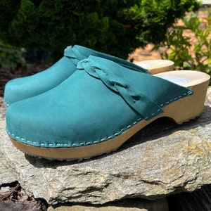 Swedish Wooden Clogs for Women - Stylish Blue nubuck clogs with Heel - Perfect Birthday and Christmas Gift