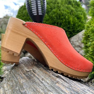 Orange Suede Wooden Clogs for Women – Handmade Heeled Clogs, Scandinavian Style, Comfortable Leather Mules