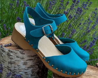 Low Heel Sandals - Turquoise, Wooden Clogs, Oiled Nubuck, Swedish Clogs, Handmade, Women Clogs, Womend Sandals, Low Heel Clogs