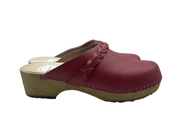 Sabots suédois en bois pour femme - Élégants sabots en nubuck framboise avec talon - Idéal pour un anniversaire ou un cadeau de Noël