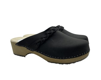 Swedish Wooden Clogs for Women - Stylish Black nubuck clogs with Heel - Perfect Birthday and Christmas Gift