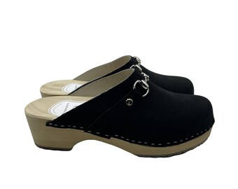 Swedish Wooden Clogs for Women - Stylish Black Suede Leather Clogs with Heel