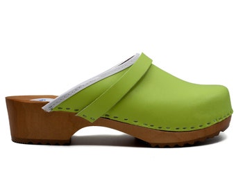 Handmade Green Swedish Wooden Clogs and Leather Moccasins