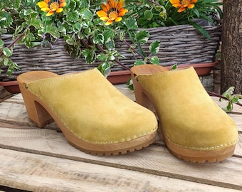 Zuecos suecos, cuero natural, zuecos de madera, zuecos de cuero hechos a mano Azul, vino tinto, color mostaza