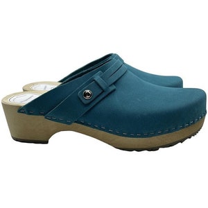 Swedish Wooden Clogs for Women - Stylish Blue nubuck Clogs with Heel - Perfect Birthday and Christmas Gift