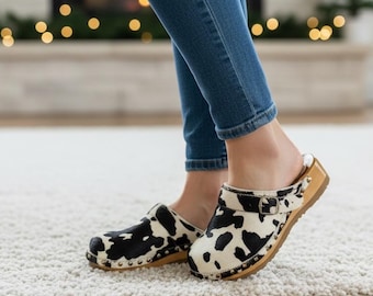Handmade Cow Print Wooden Clogs – Genuine Leather Mules, Scandinavian Farmhouse Style